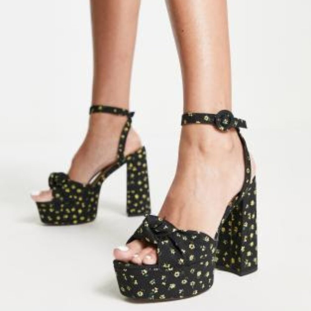 Knotted Platform Heeled Sandals in Black Floral